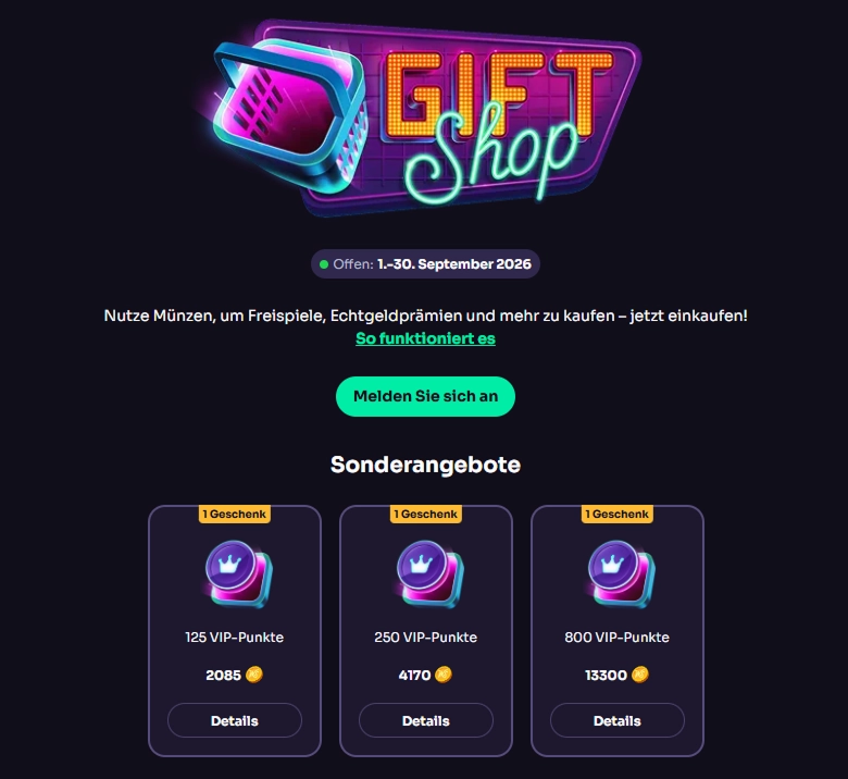WinSpirit Casino Gift Shop mit Münzen, Freispielen und Prämien