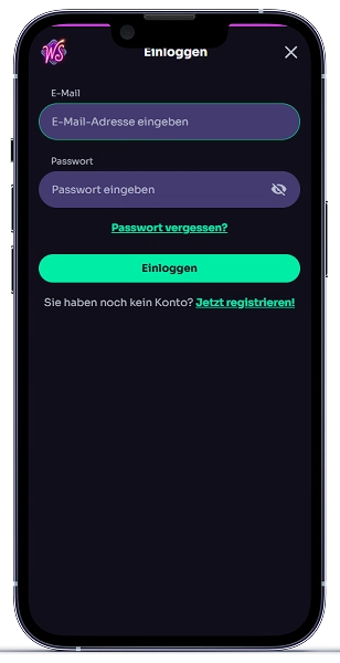 WinSpirit Casino Login auf dem Smartphone mit E-Mail und Passwort