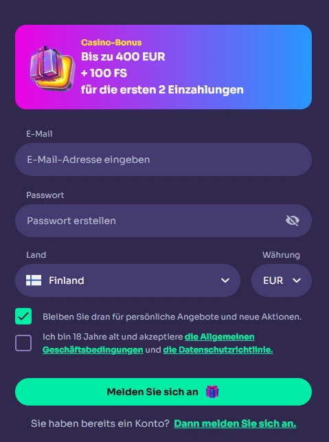 WinSpirit Casino Registrierung mit E-Mail, Passwort, Währung und Bonusauswahl