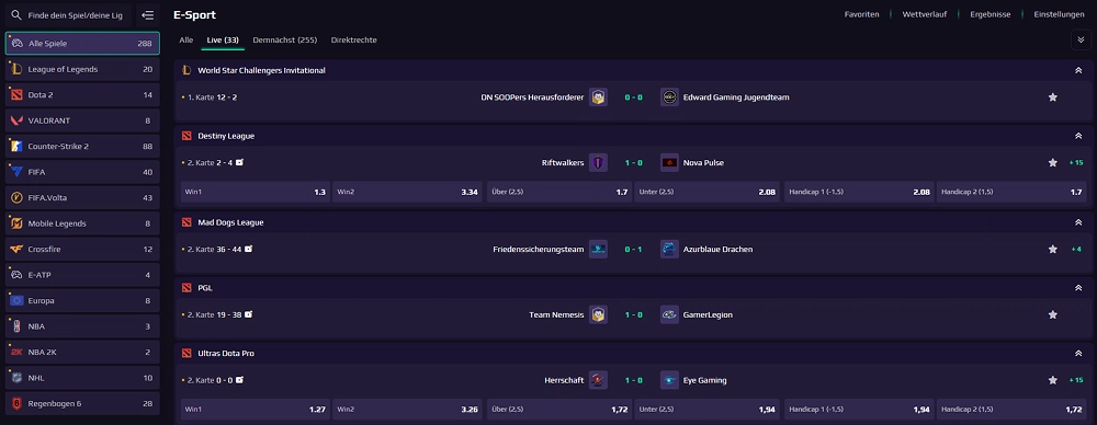 WinSpirit Esports mit Live-Spielen, Quoten und Wettmärkten